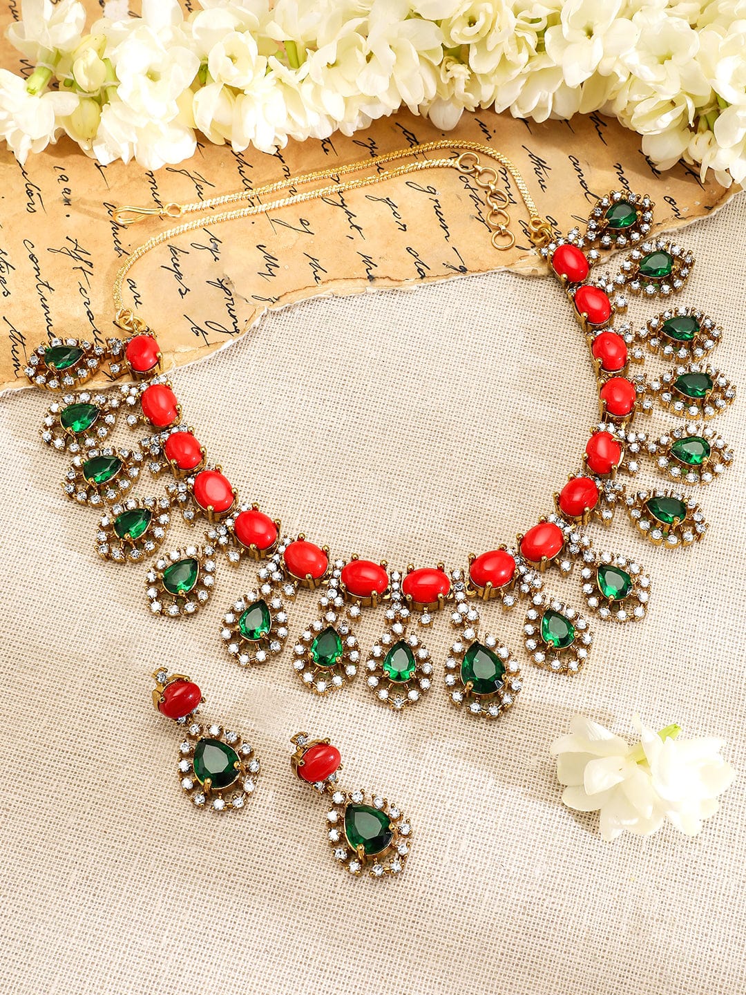 Rubans 22K Gold-Plated Emerald Cubic Zirconia Stone-Studded Necklace and Earrings Necklace Set