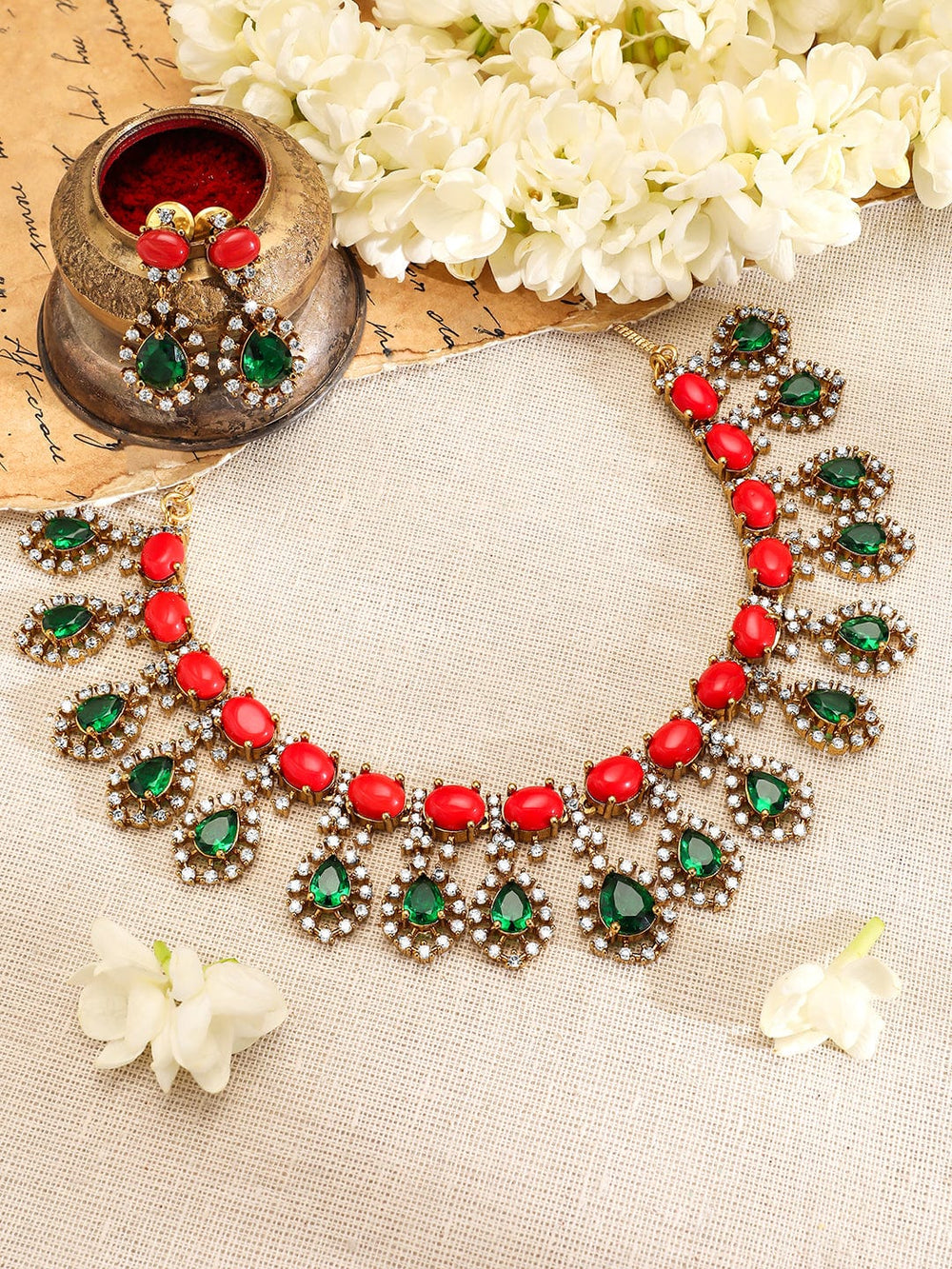 Rubans 22K Gold-Plated Emerald Cubic Zirconia Stone-Studded Necklace and Earrings Necklace Set