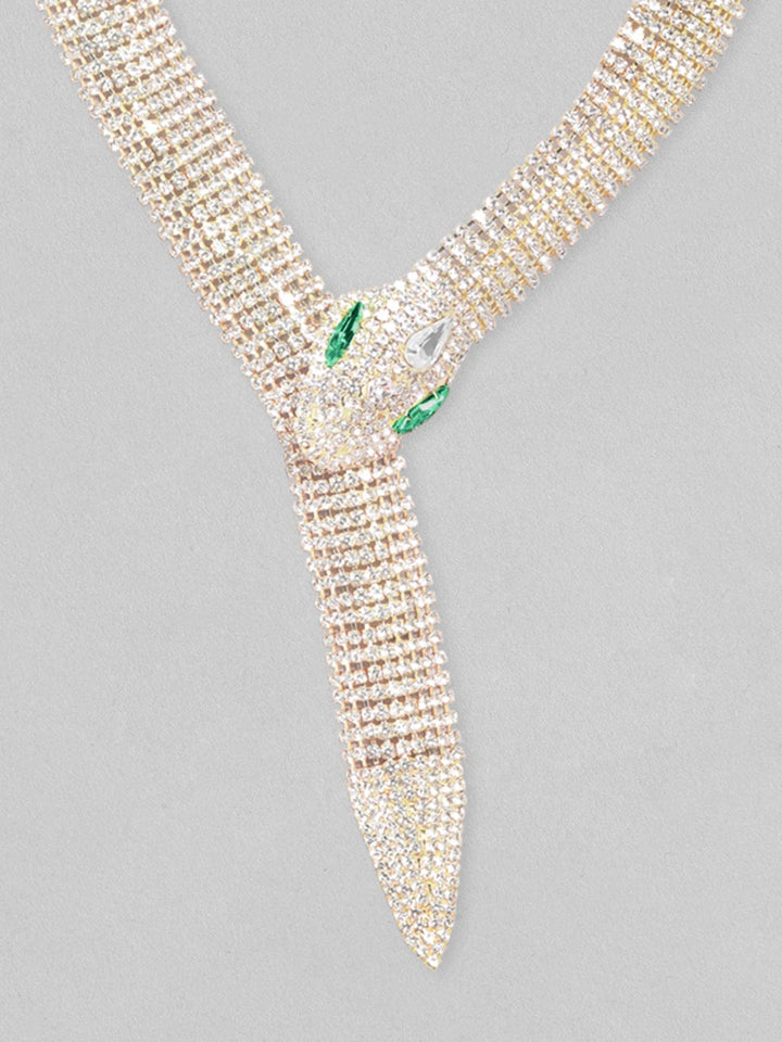 Rubans 22K Gold-Plated Emerald & Cubic Zirconia Studded Serpent Statement Necklace Necklace & Chain