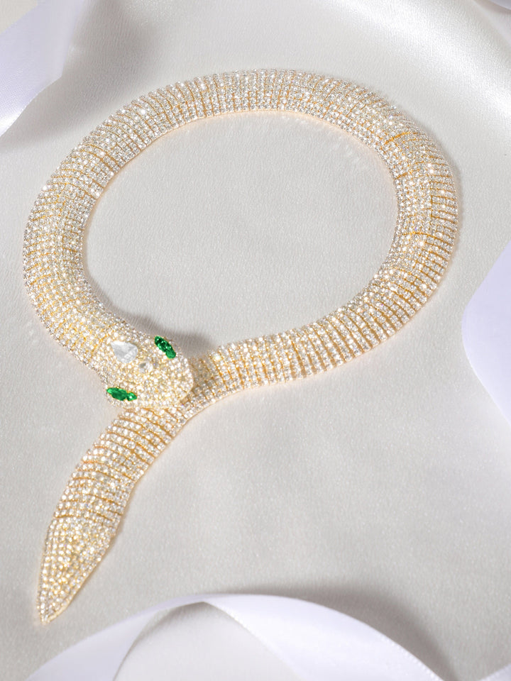 Rubans 22K Gold-Plated Emerald & Cubic Zirconia Studded Serpent Statement Necklace Necklace & Chain