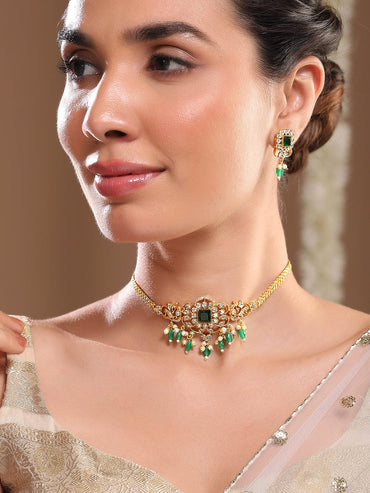 Rubans 22K Gold Plated Emerald & CubicZirconia Studed Green & Pearl Beads Drop Choker Set Choker set