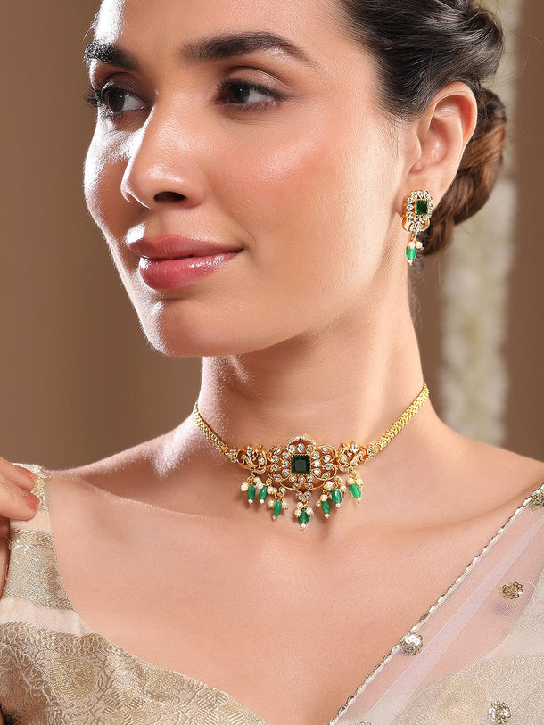 Rubans 22K Gold Plated Emerald & CubicZirconia Studed Green & Pearl Beads Drop Choker Set Choker set
