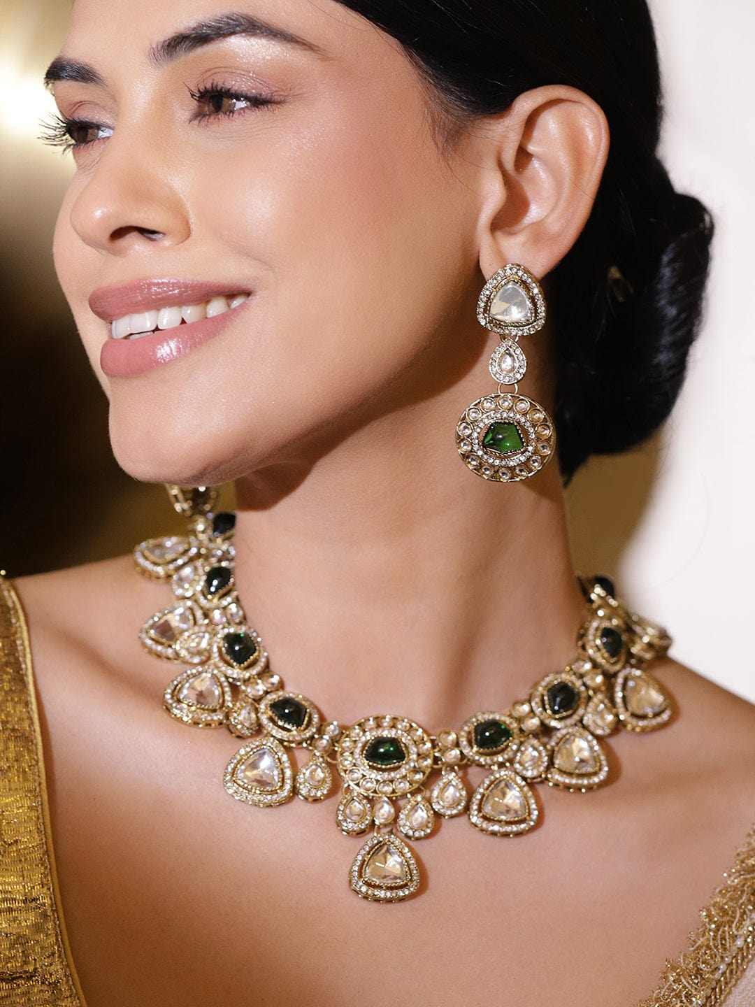 Rubans 22K Gold-Plated Emerald Green and Cubic Zirconia Studded Luxe Statement Necklace Set Necklace Sets