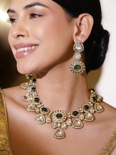 Rubans 22K Gold-Plated Emerald Green and Cubic Zirconia Studded Luxe Statement Necklace Set Necklace Sets