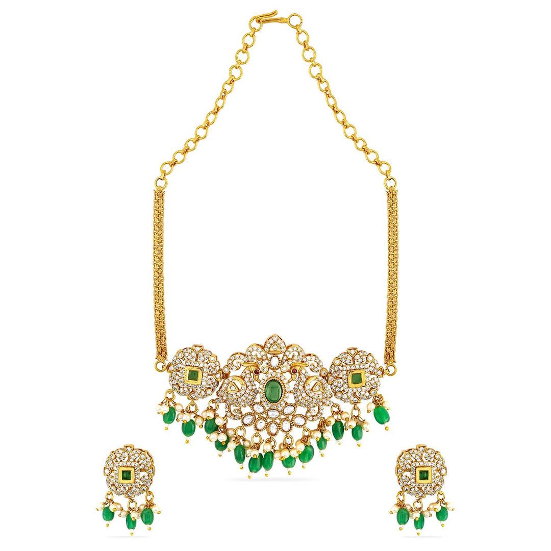 Rubans 22K Gold Plated Emerald Green & Cubic Zirconia Choker Set with Green & Pearl Beads Choker set