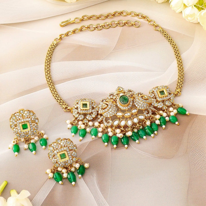 Rubans 22K Gold Plated Emerald Green & Cubic Zirconia Choker Set with Green & Pearl Beads Choker set