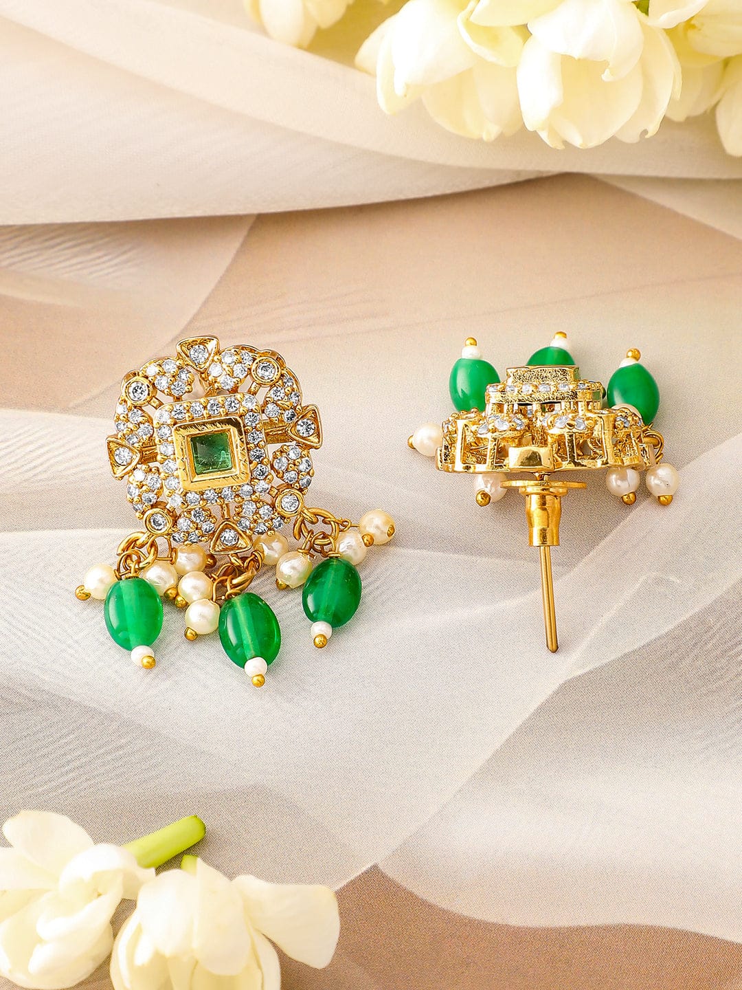 Rubans 22K Gold Plated Emerald Green & Cubic Zirconia Choker Set with Green & Pearl Beads Jewellery Set