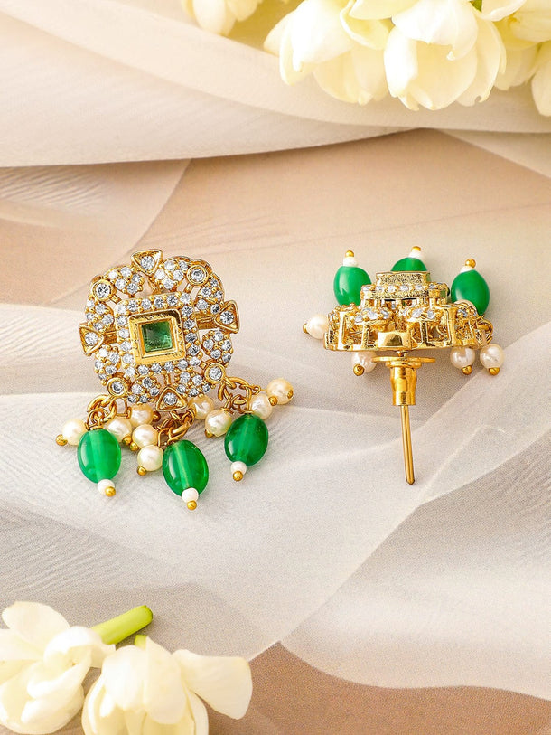 Rubans 22K Gold Plated Emerald Green & Cubic Zirconia Choker Set with Green & Pearl Beads Jewellery Set