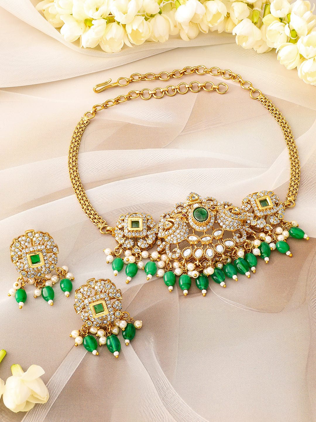 Rubans 22K Gold Plated Emerald Green & Cubic Zirconia Choker Set with Green & Pearl Beads Jewellery Set