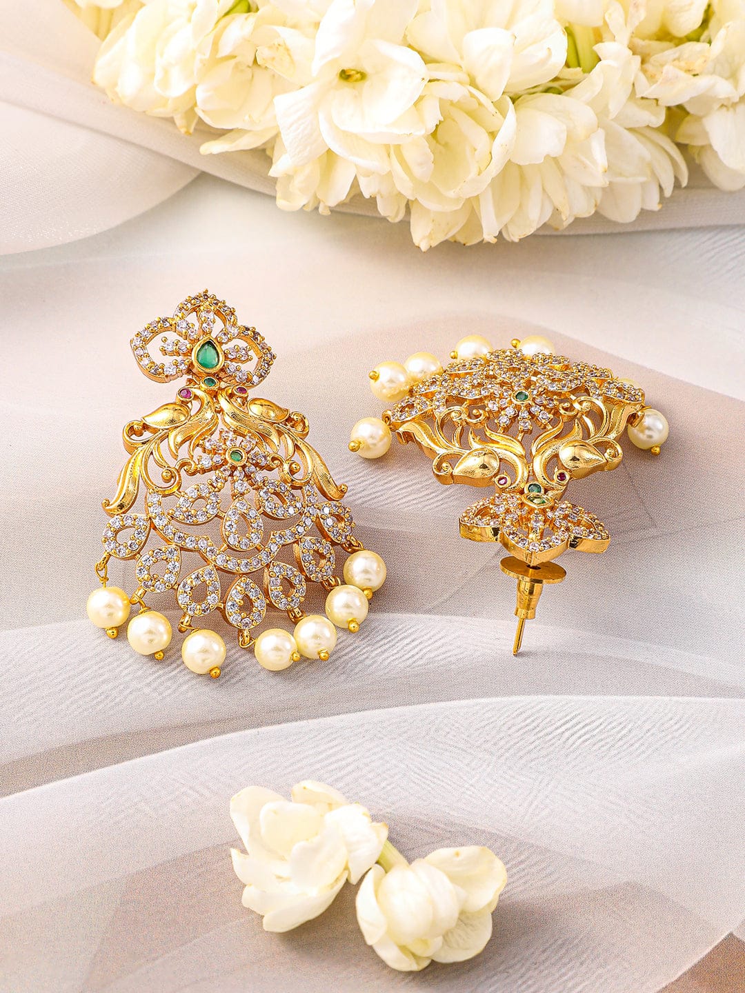 Rubans 22K Gold-Plated Emerald Green & Cubic Zirconia Jewellery Set with Pearl Beads Jewellery Set