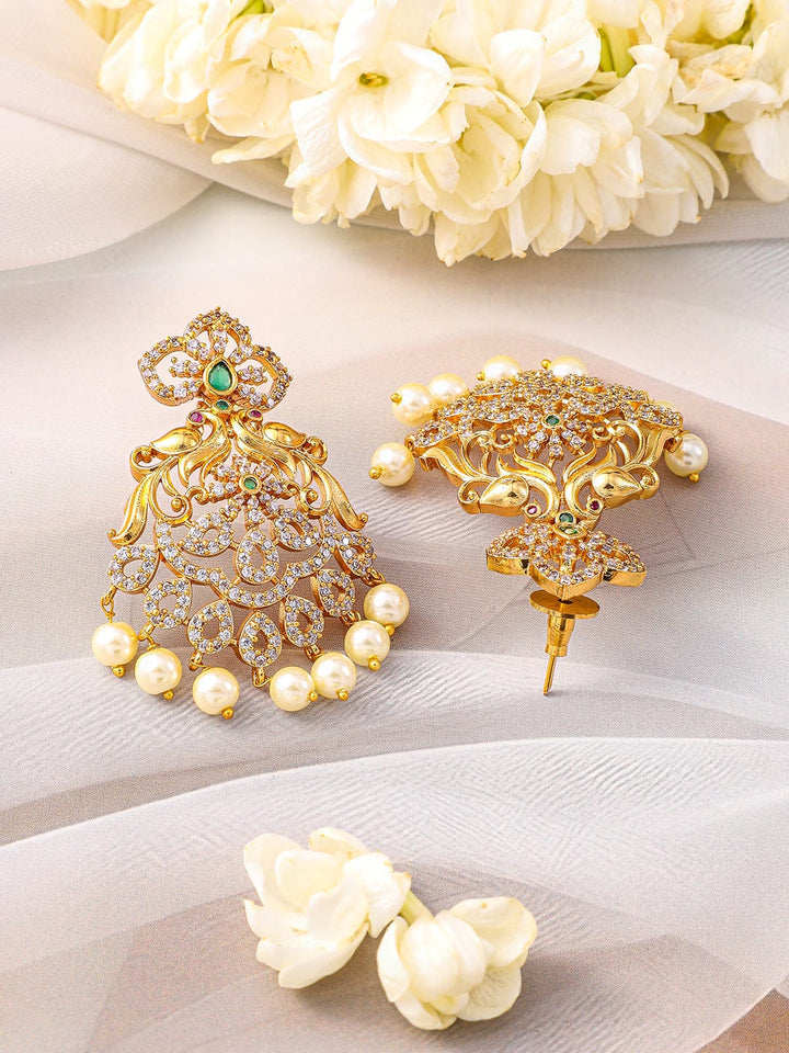 Rubans 22K Gold-Plated Emerald Green & Cubic Zirconia Jewellery Set with Pearl Beads Jewellery Set