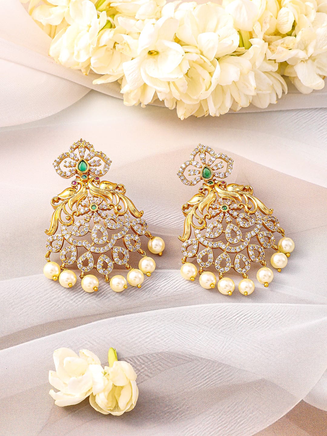 Rubans 22K Gold-Plated Emerald Green & Cubic Zirconia Jewellery Set with Pearl Beads Jewellery Set