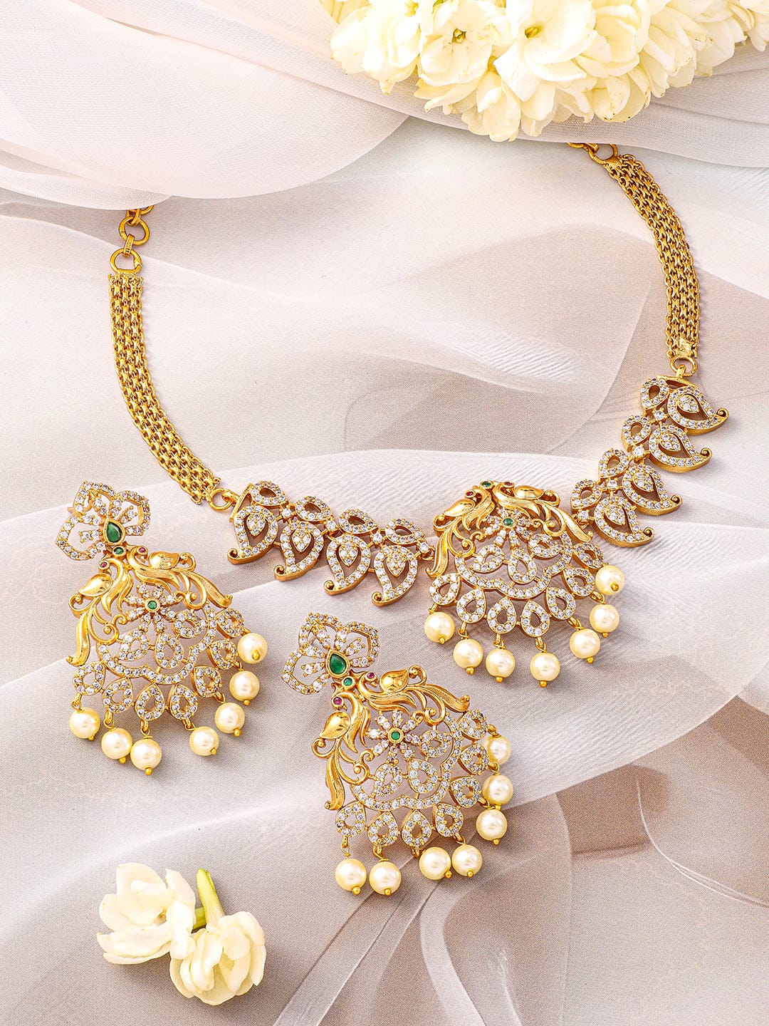 Rubans 22K Gold-Plated Emerald Green & Cubic Zirconia Jewellery Set with Pearl Beads Jewellery Set