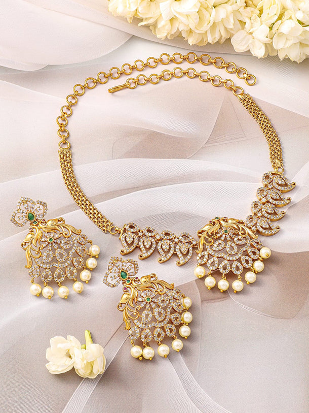 Rubans 22K Gold-Plated Emerald Green & Cubic Zirconia Jewellery Set with Pearl Beads Jewellery Set