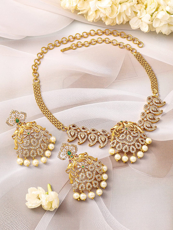 Rubans 22K Gold-Plated Emerald Green & Cubic Zirconia Jewellery Set with Pearl Beads Jewellery Set