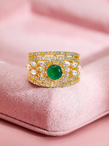 Rubans 22K Gold-Plated Emerald Green & Cubic Zirconia Studded Adjustable Finger Ring Finger Rings