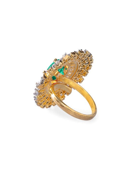 Rubans 22K Gold-Plated Emerald Green & Cubic Zirconia Studded Adjustable Finger Ring Rings