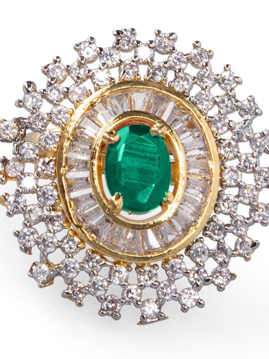 Rubans 22K Gold-Plated Emerald Green & Cubic Zirconia Studded Adjustable Finger Ring Rings