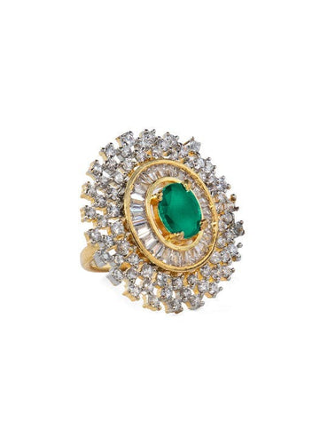 Rubans 22K Gold-Plated Emerald Green & Cubic Zirconia Studded Adjustable Finger Ring Rings