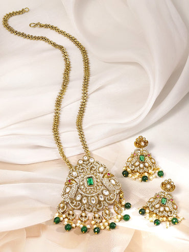 Rubans 22K Gold-Plated Emerald Green & Cubic Zirconia Studded Long Necklace Set with Emerald Green & White Pearls Beaded Accents Jewellery Set