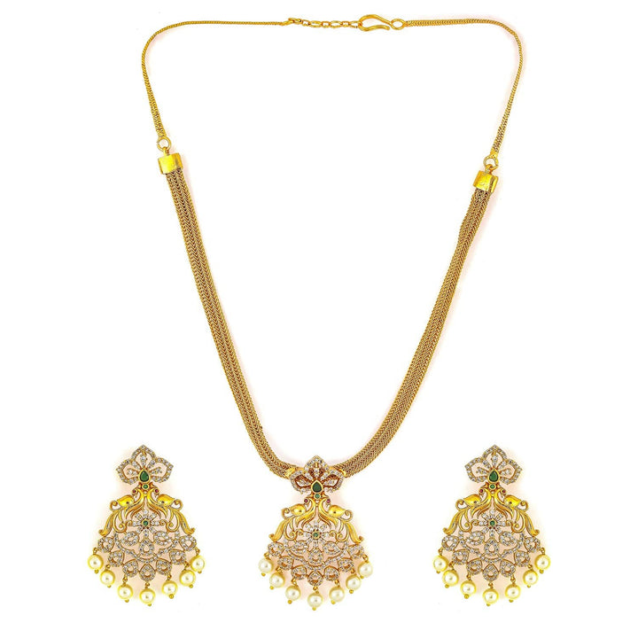 Rubans 22K Gold-Plated Emerald Green & Cubic Zirconia Studded Necklace Set with Pearl Accents Jewellery Sets