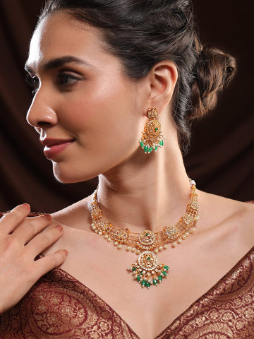 Rubans 22K Gold-Plated Emerald Green & Cubic Zirconia Studded Pearl & Beaded Necklace Set Necklace Set