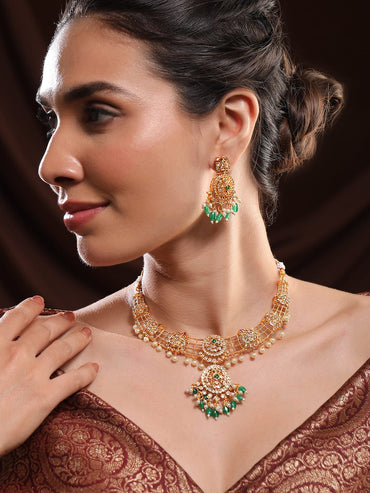 Rubans 22K Gold-Plated Emerald Green & Cubic Zirconia Studded Pearl & Beaded Necklace Set Necklace Set