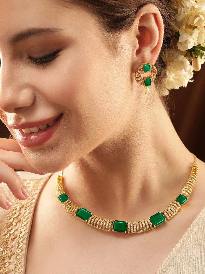 Rubans 22K Gold-Plated Emerald Green & Cubic Zirconia Studded Premium Jewellery Set with Earrings Jewellery Sets