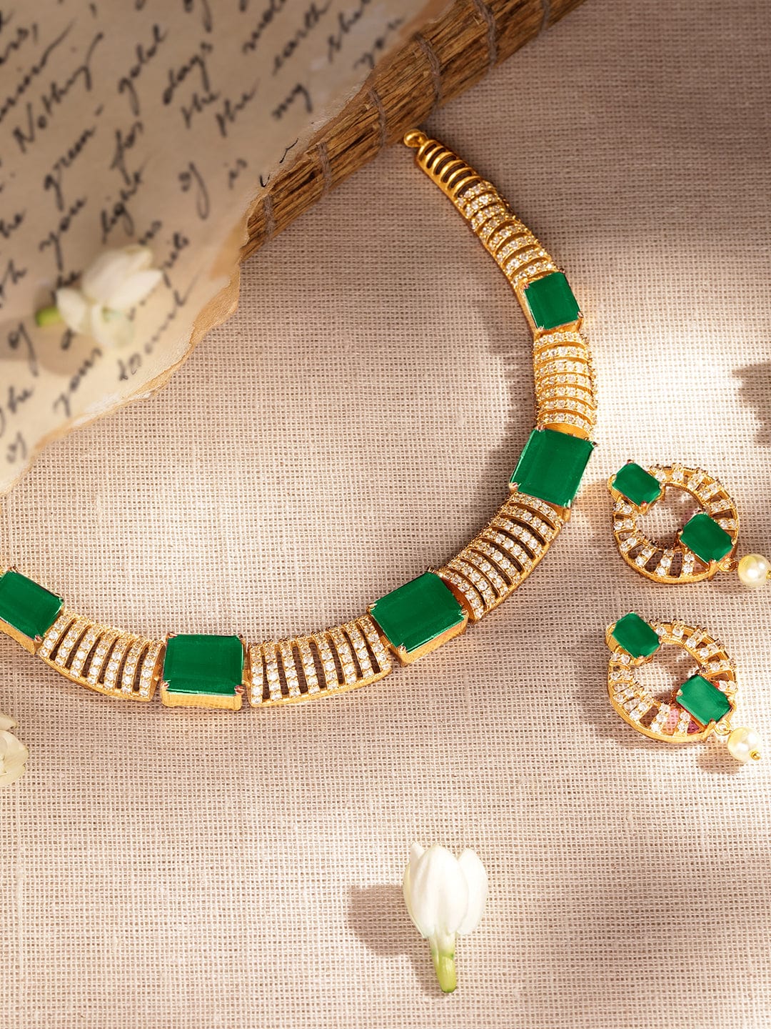 Rubans 22K Gold-Plated Emerald Green & Cubic Zirconia Studded Premium Jewellery Set with Earrings Jewellery Sets