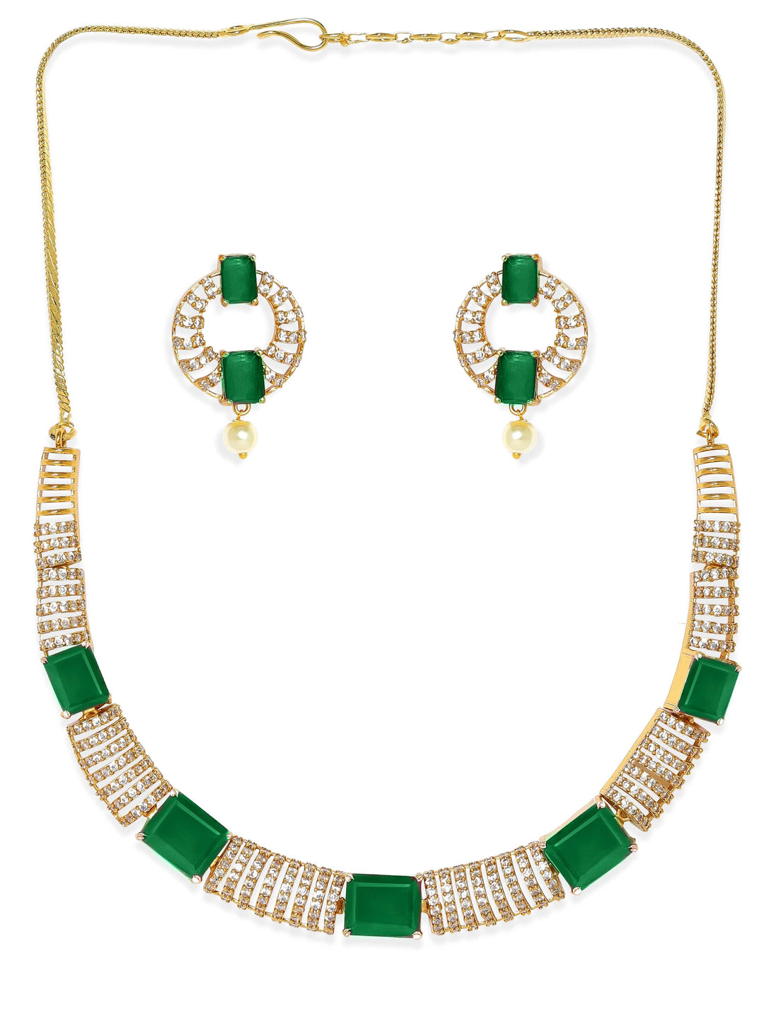 Rubans 22K Gold-Plated Emerald Green & Cubic Zirconia Studded Premium Jewellery Set with Earrings Jewellery Sets