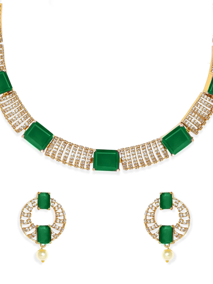 Rubans 22K Gold-Plated Emerald Green & Cubic Zirconia Studded Premium Jewellery Set with Earrings Jewellery Sets