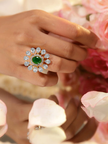 Rubans 22K Gold-Plated Emerald Green & Cubic Zirconia Studed Floral Adjustable Finger Ring Finger Rings