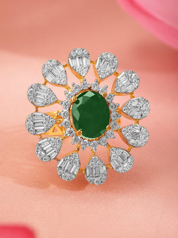 Rubans 22K Gold-Plated Emerald Green & Cubic Zirconia Studed Floral Adjustable Finger Ring Rings