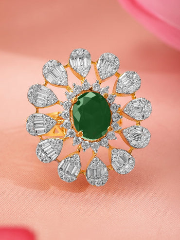 Rubans 22K Gold-Plated Emerald Green & Cubic Zirconia Studed Floral Adjustable Finger Ring Rings
