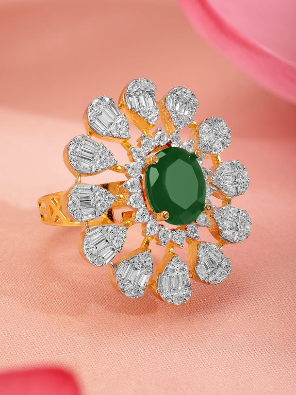 Rubans 22K Gold-Plated Emerald Green & Cubic Zirconia Studed Floral Adjustable Finger Ring Rings