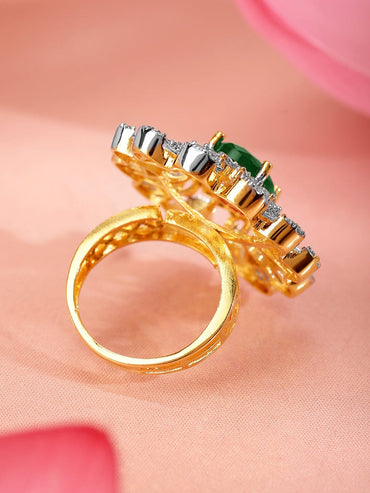 Rubans 22K Gold-Plated Emerald Green & Cubic Zirconia Studed Floral Adjustable Finger Ring Rings