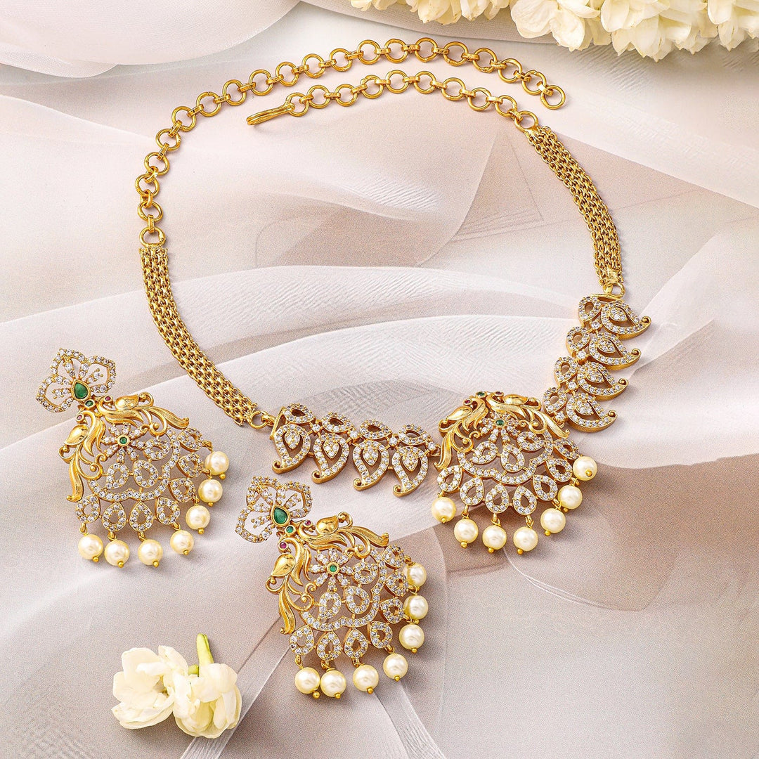 Rubans 22K Gold-Plated Emerald Green & Cubic Zirconia Traditional Jewellery Set with Pearl Beads Necklace set