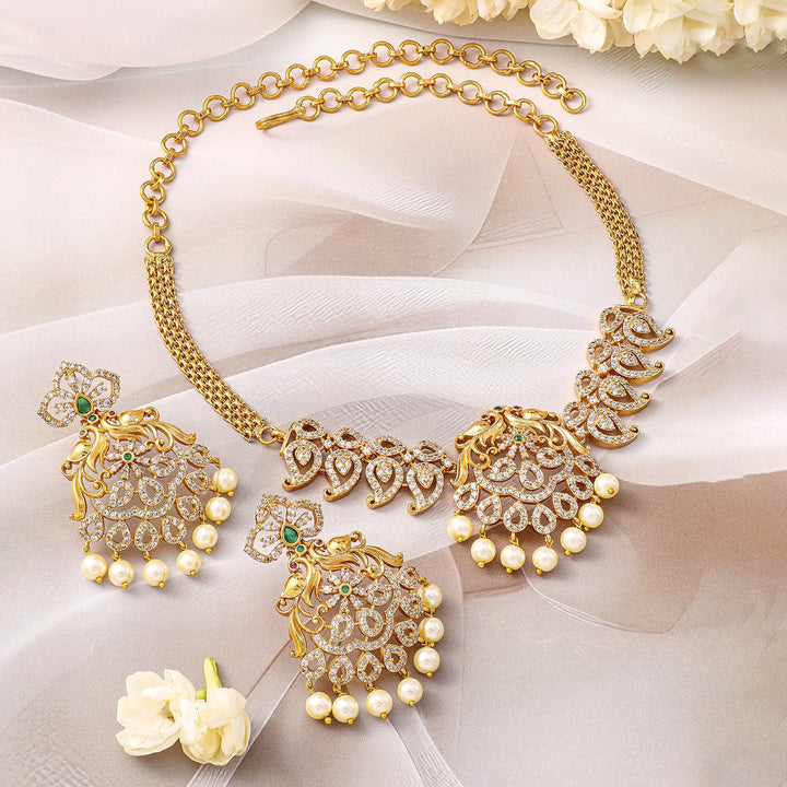 Rubans 22K Gold-Plated Emerald Green & Cubic Zirconia Traditional Jewellery Set with Pearl Beads Necklace set