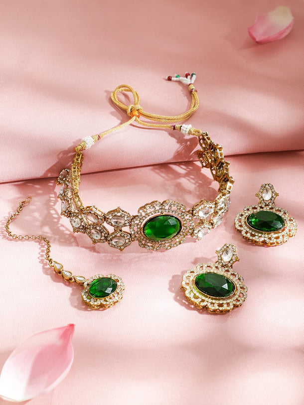 Rubans 22K Gold-Plated Emerald Green, Cubic Zirconia & White Kundan Statement Choker Set Jewellery Set