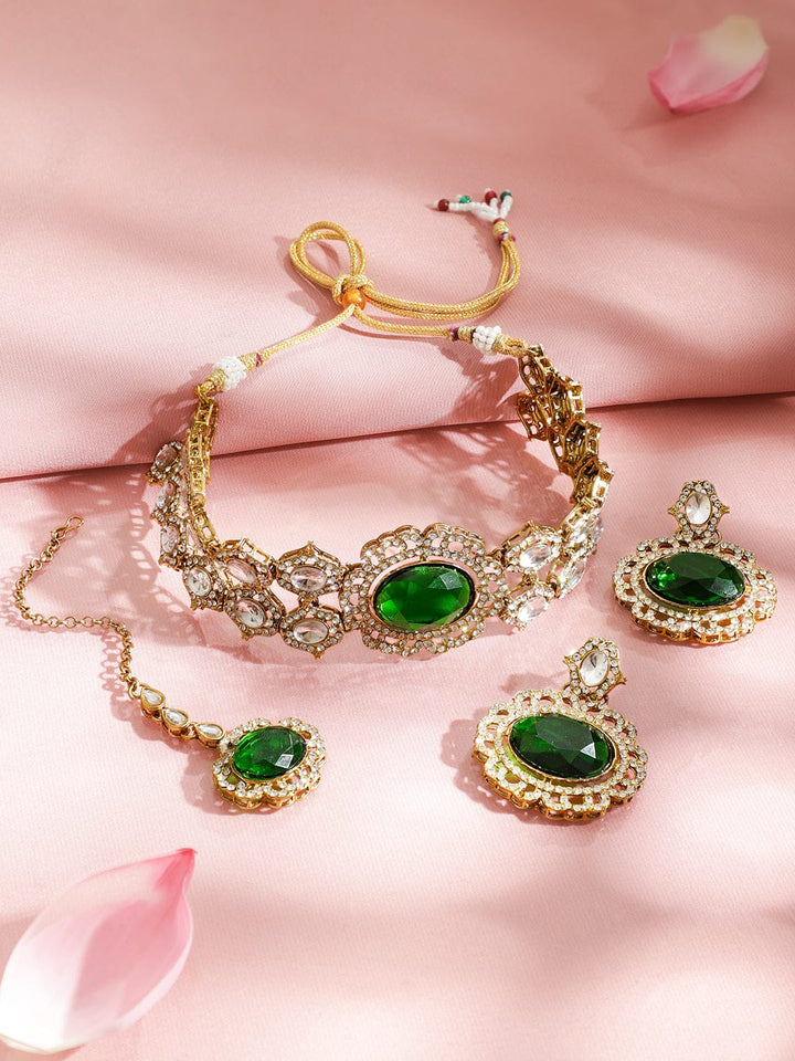 Rubans 22K Gold-Plated Emerald Green, Cubic Zirconia & White Kundan Statement Choker Set Jewellery Set