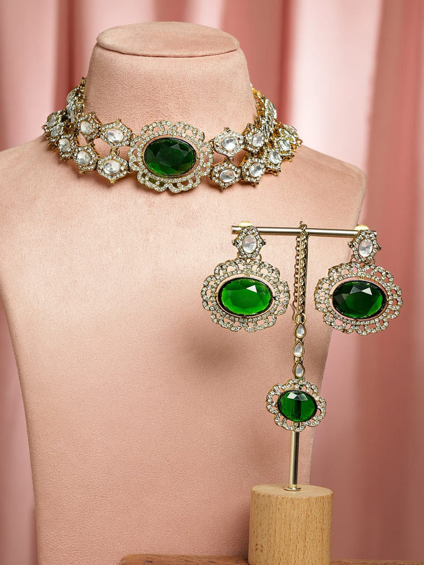 Rubans 22K Gold-Plated Emerald Green, Cubic Zirconia & White Kundan Statement Choker Set Jewellery Set