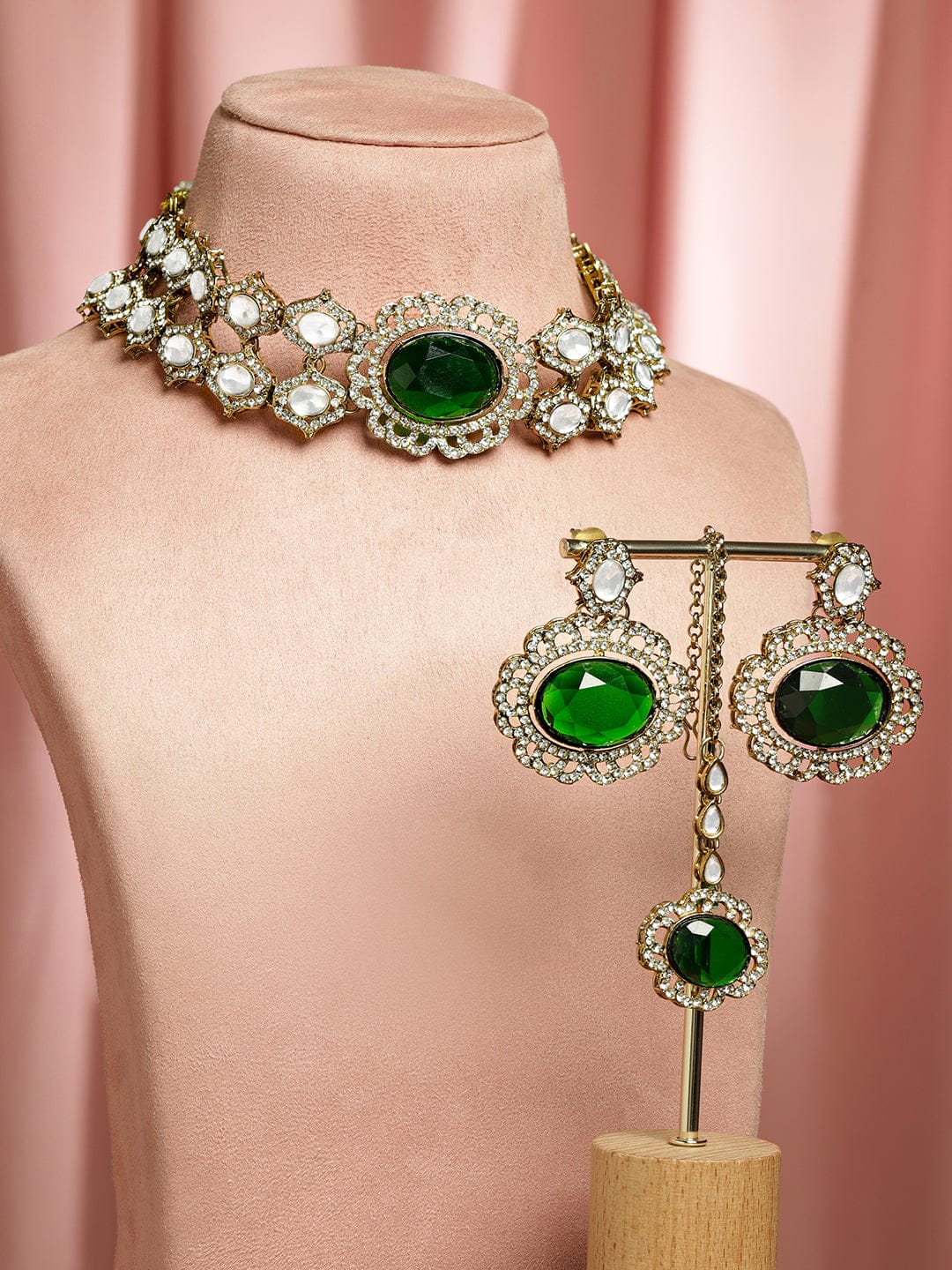 Rubans 22K Gold-Plated Emerald Green, Cubic Zirconia & White Kundan Statement Choker Set Jewellery Set