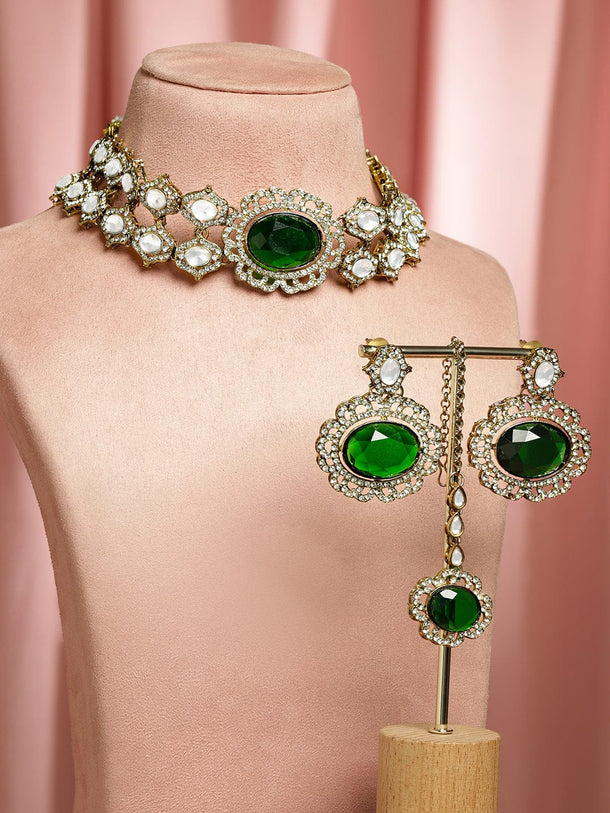 Rubans 22K Gold-Plated Emerald Green, Cubic Zirconia & White Kundan Statement Choker Set Jewellery Set