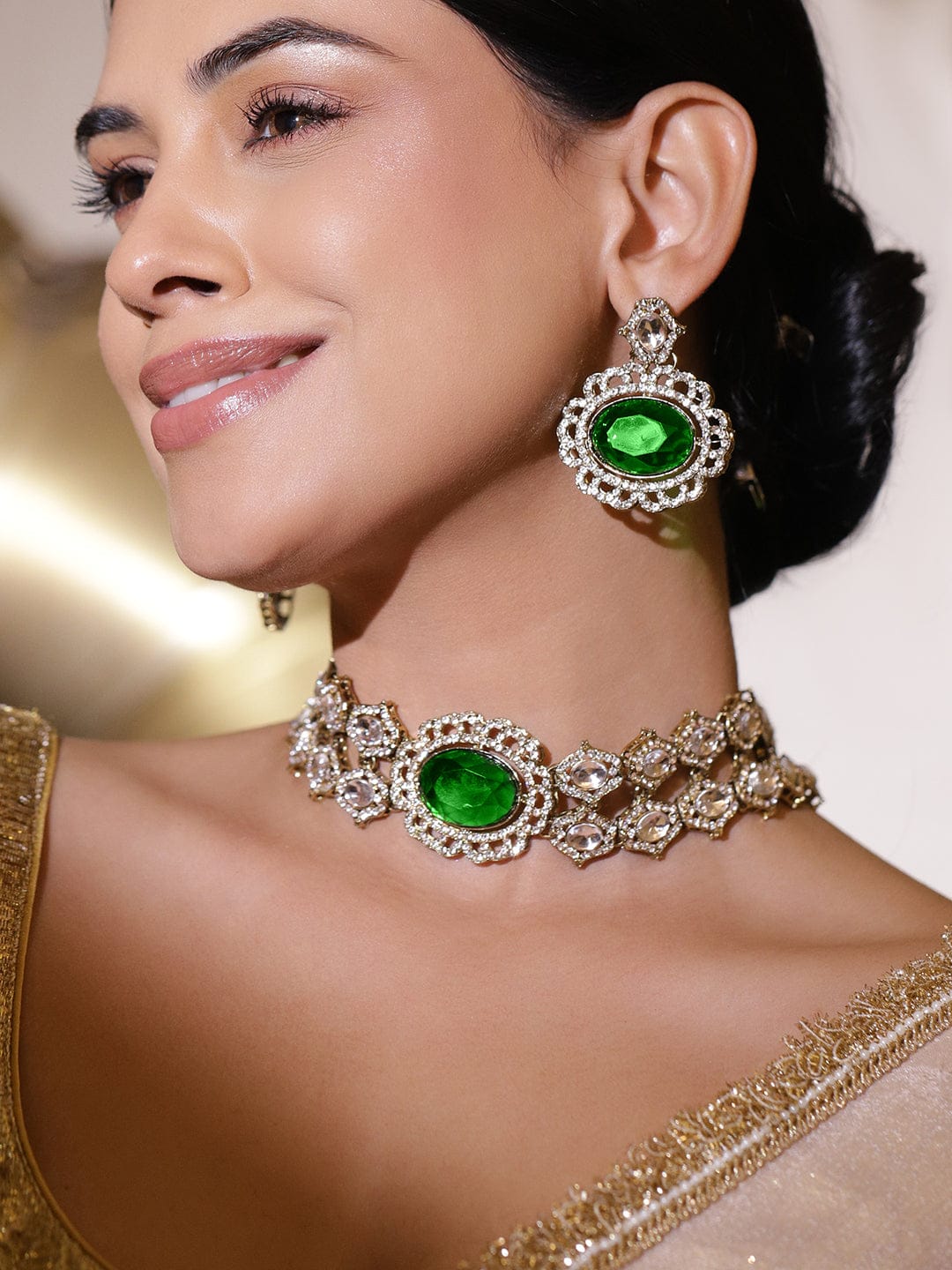 Rubans 22K Gold-Plated Emerald Green, Cubic Zirconia & White Kundan Statement Choker Set Necklace Set