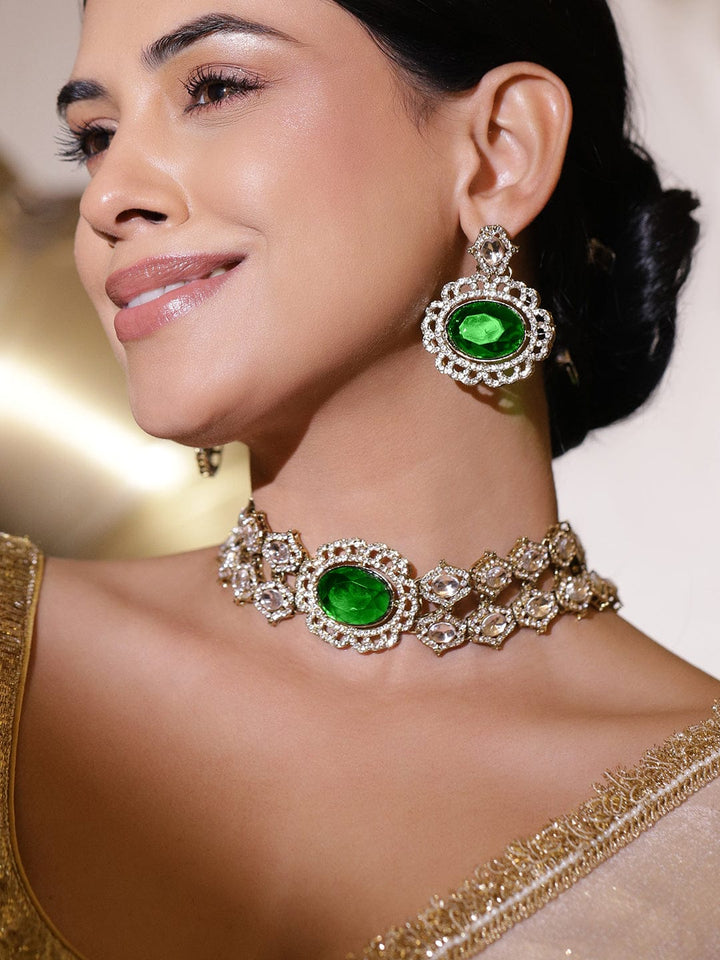 Rubans 22K Gold-Plated Emerald Green, Cubic Zirconia & White Kundan Statement Choker Set Necklace Set