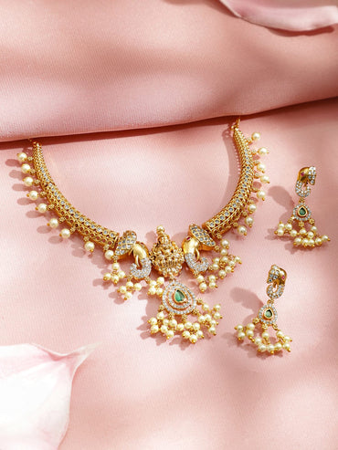 Rubans 22K Gold-Plated Emerald Green, CZ Stone & Pearl Bead Lakshmi Motif Temple Necklace Set Jewellery Set