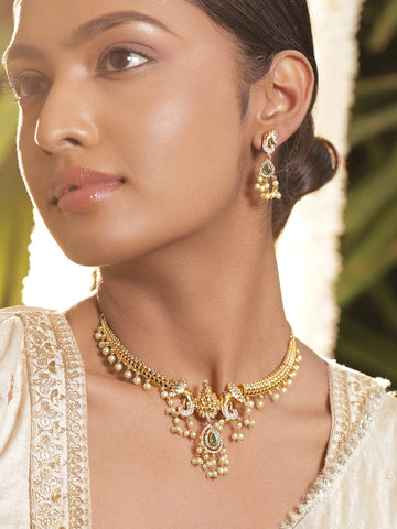 Rubans 22K Gold-Plated Emerald Green, CZ Stone & Pearl Bead Lakshmi Motif Temple Necklace Set Necklaces, Necklace Sets, Chains & Mangalsutra
