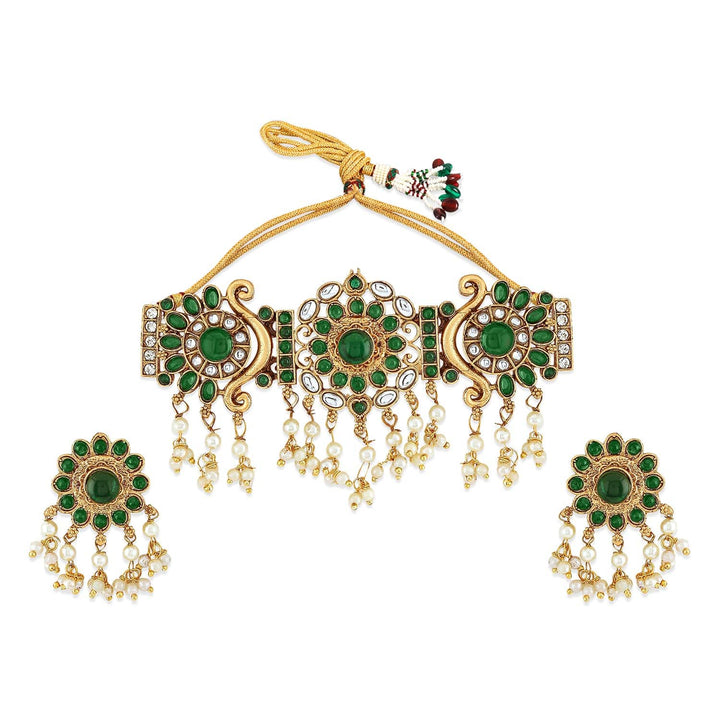 Rubans 22K Gold-Plated Emerald Green Kundan Studded Choker Jewellery Set with Pearl Accents Choker, Choker set & Kundan Choker set