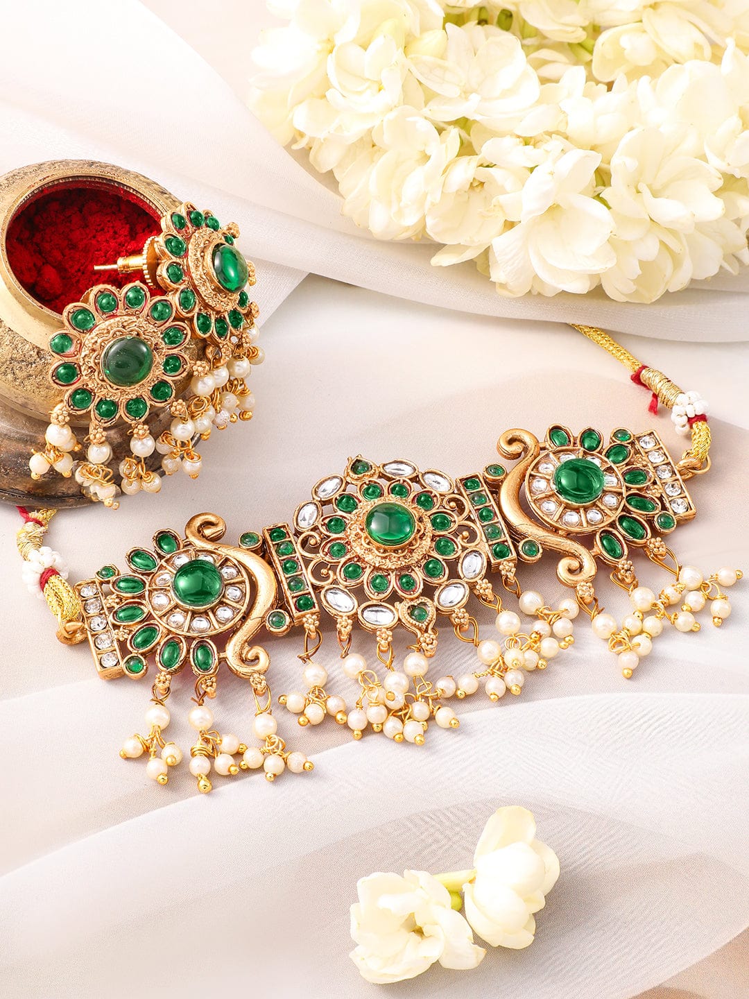 Rubans 22K Gold-Plated Emerald Green Kundan Studded Choker Jewellery Set with Pearl Accents Choker, Choker set & Kundan Choker set