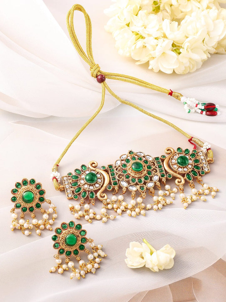 Rubans 22K Gold-Plated Emerald Green Kundan Studded Choker Jewellery Set with Pearl Accents Choker, Choker set & Kundan Choker set